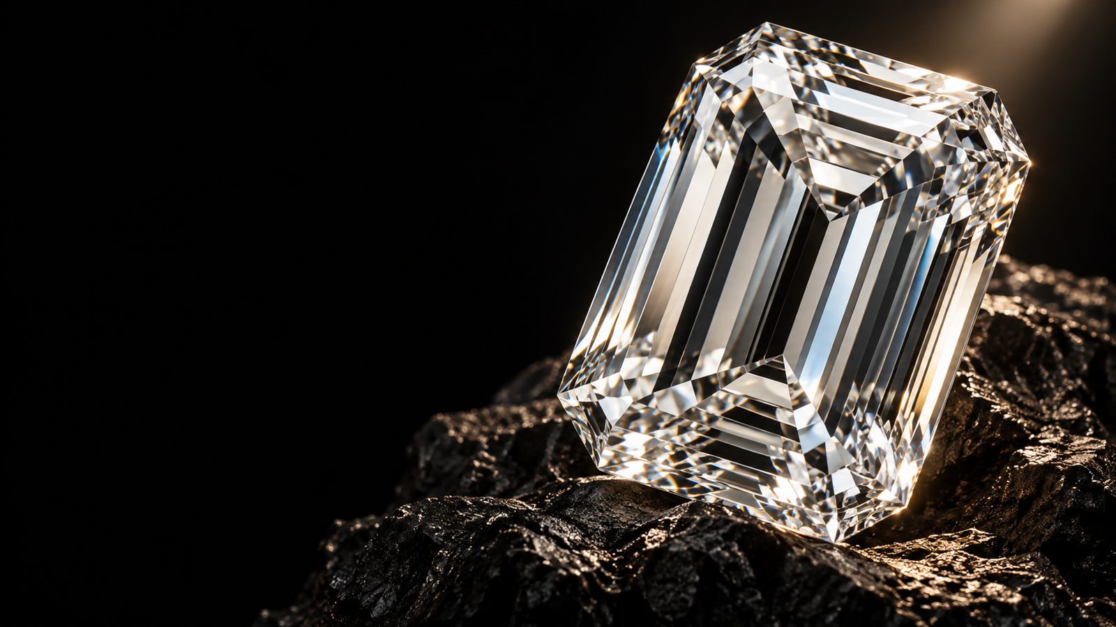 An emerald-cut diamond lit on dark mineral rock