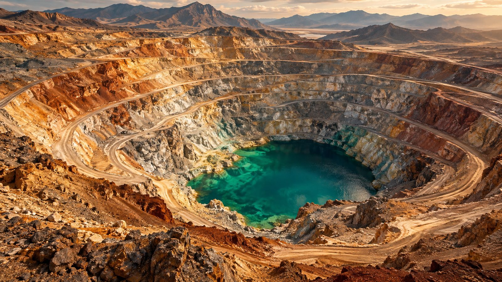 Conceptual terraced mine landscape; not a photograph of a named mine